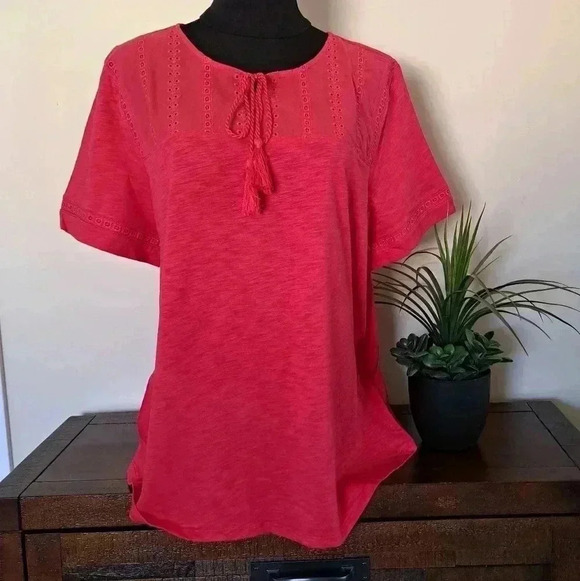 ❤️ New! Hilary Radley Red Top Slub Knit XL Short Sleeved Eyelet Women's S… - Picture 2 of 9